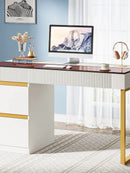 Axyaa Glass Top Writing Desk with Drawers, 47 Inch Modern Home Office, White/Gold