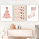 Axyaa Merry Pink Christmas Wall Art Canvas, Kids Room Decor, Nursery Posters, Nordic Design.