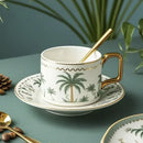 Axyaa Ocean Pattern Ceramic Flower Coffee Cup with Gold Handle and Dish