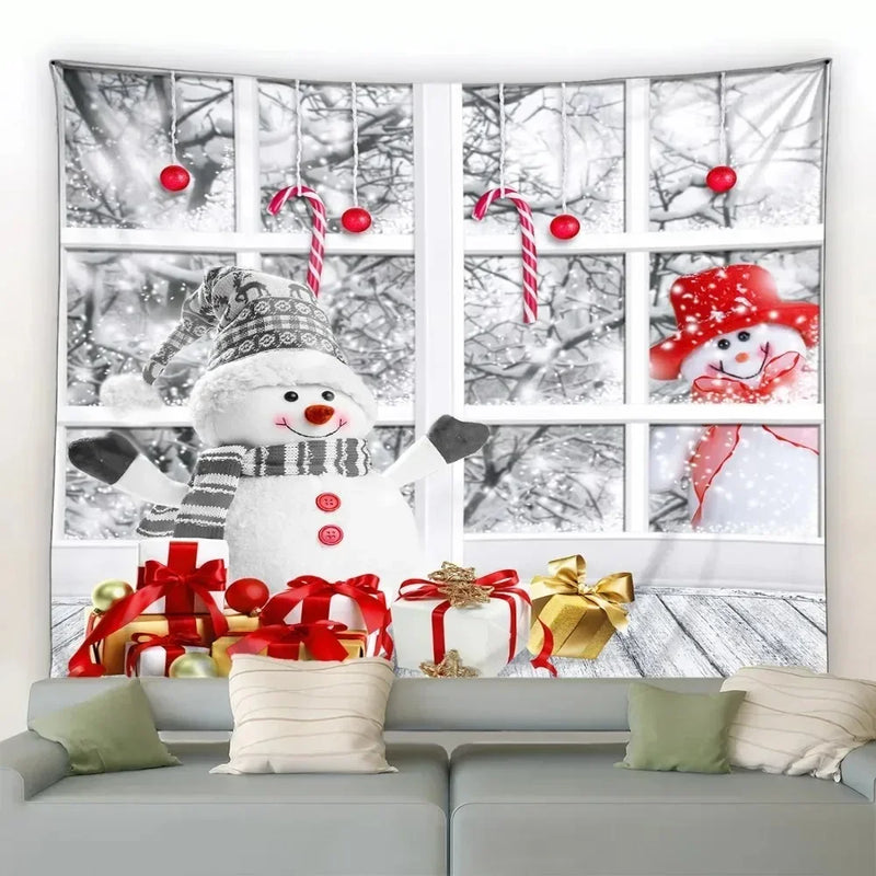 Axyaa Christmas Tapestry: Festive Snowman & Tree Print for Home Decor