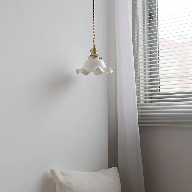 Axyaa White Ceramic LED Pendant Lamp, Adjustable Wire, Japan Style, E27 Bulb