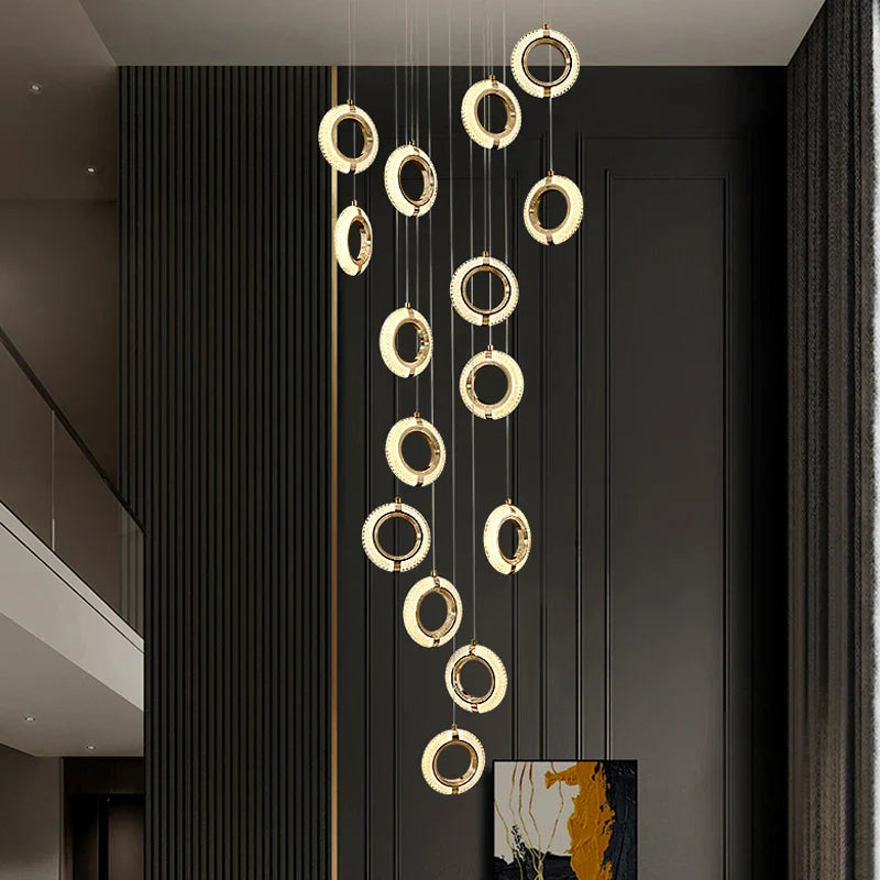 Axyaa Modern Duplex Staircase Chandelier - Nordic Ring Design for Living Room, Dining, and Kitchen