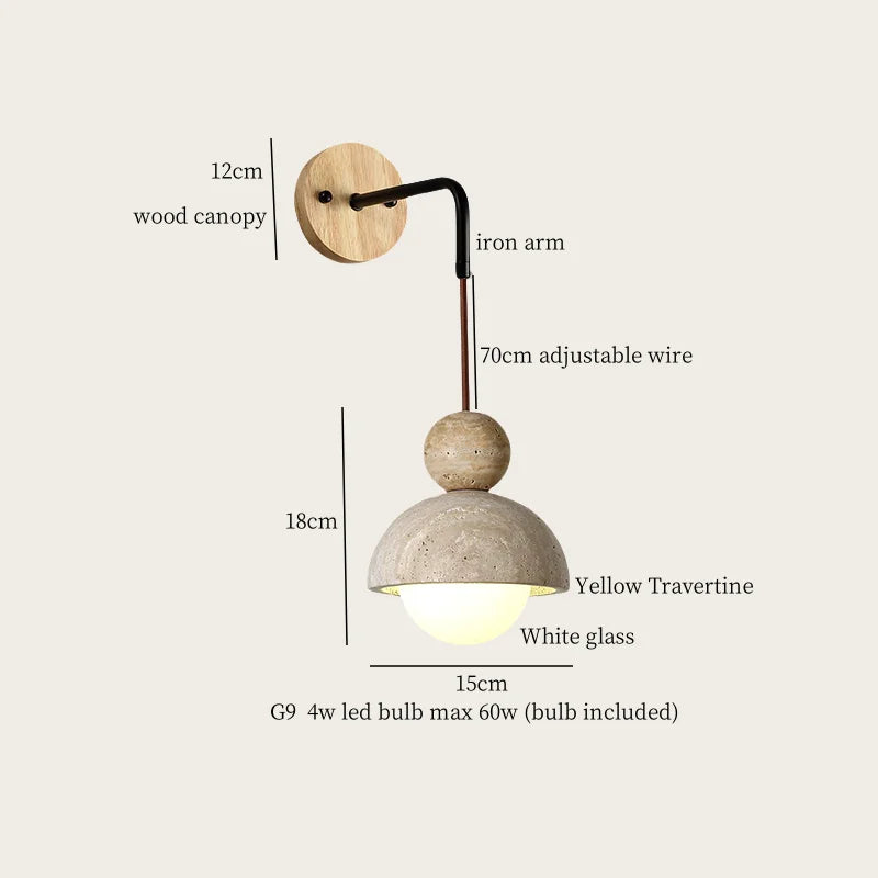 Axyaa Stone Glass LED Wall Light 70CM Adjustable Yellow Travertine Wabi Sabi Bedroom Lamp