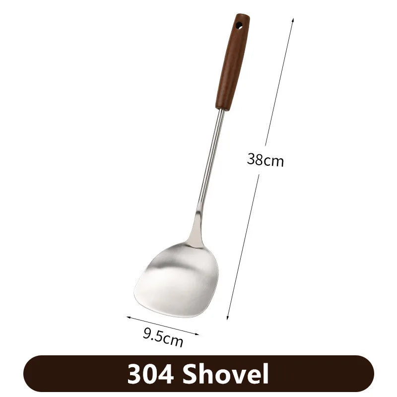 Axyaa Stainless Steel Wok Spatula Ladle Set with Wooden Handle