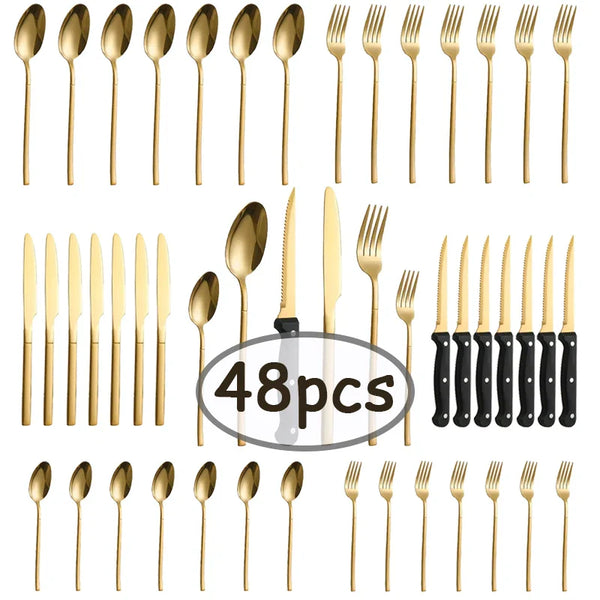 Axyaa Stainless Steel Tableware Set, 48pcs, Dishwasher Safe, Steak Knife, Classic Design