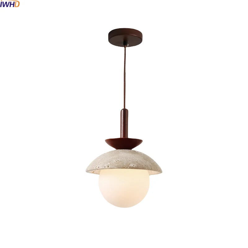 Axyaa Wabi Sabi Yellow Travertine Glass Pendant Light with Wood Handle