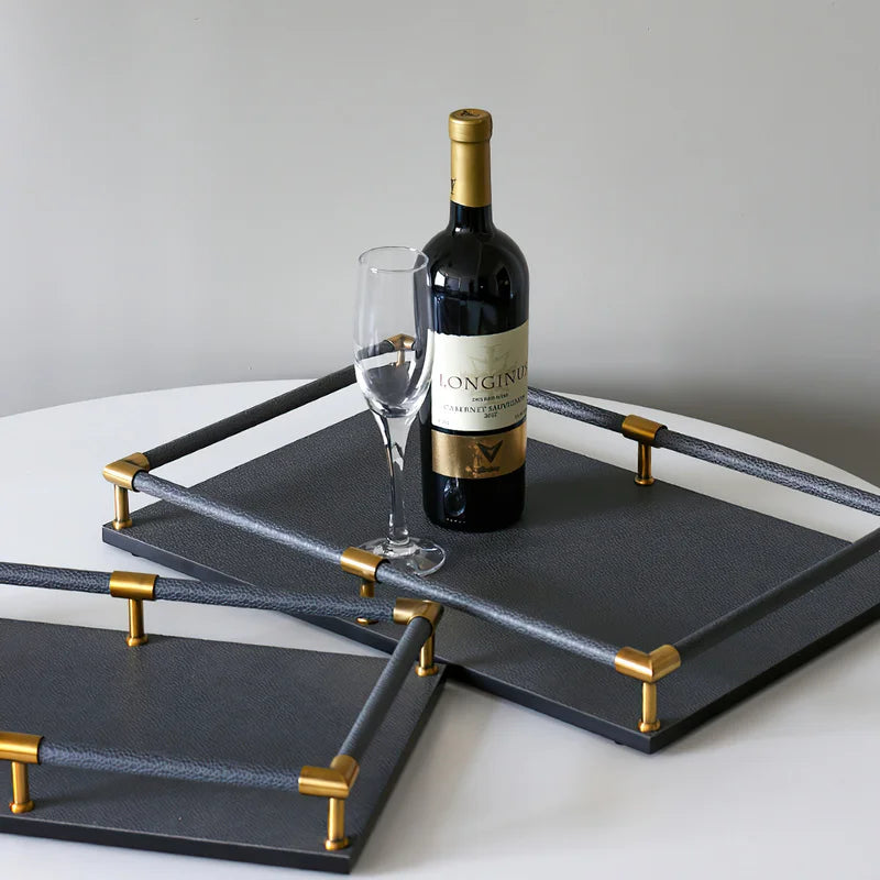 Axya Leather Nordic Handle Storage Tray for Tea Set and Groceries