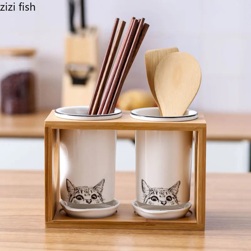 Axya Cat Ceramic Chopsticks Holder Set Kitchen Storage Organizer