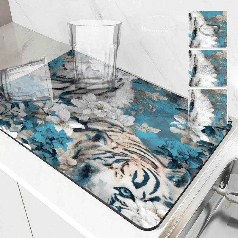 Axyaa Tiger Plant Flowers Drying Mat: Non-Slip Absorbent Tableware Mat
