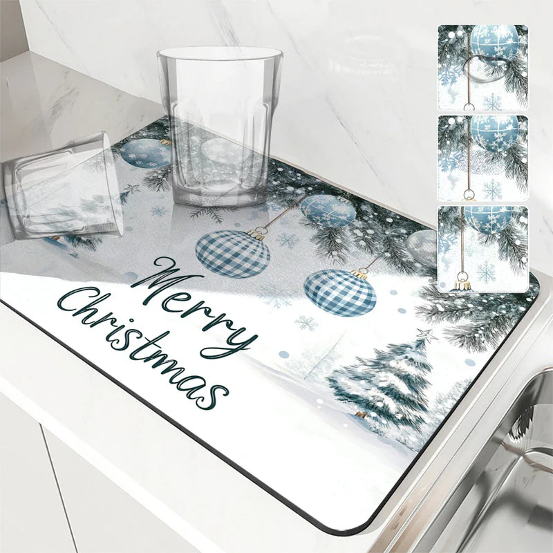 Axyaa Christmas Fir Kitchen Drying Mat - Absorbent Table Cup Placemat