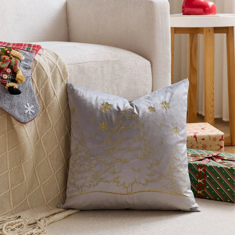 Axyaa Christmas Tree Pillow Cover - Silver Gold Snowflake Velvet - Home Decoration - 45x45cm