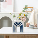 Axyaa Blue & White Stripes Ceramic Vase with Artificial Flowers for Aesthetic Room Decor