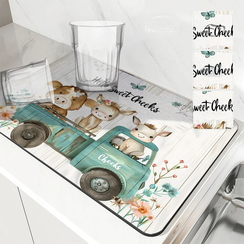 Axyaa Watercolor Flowers Absorbent Draining Dish Drying Mat
