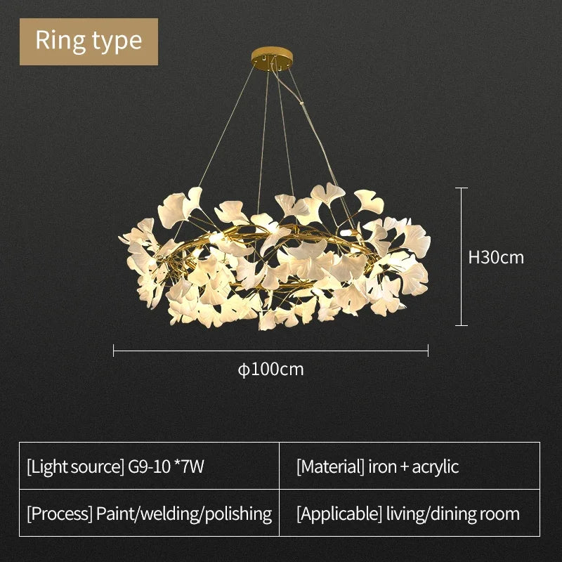 Axyaa Nordic Ginkgo Leaf LED Chandelier for Modern Interior Lighting