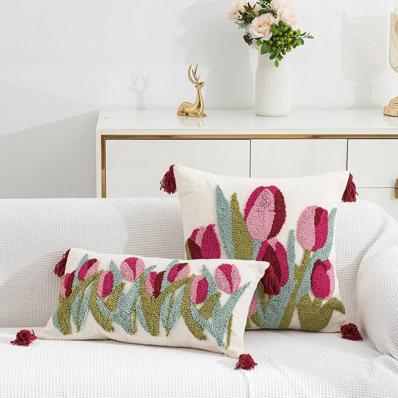 Axyaa Tufted Tulip Plant Leaves Chenille Tassel Cushion Cover for Home Decoration