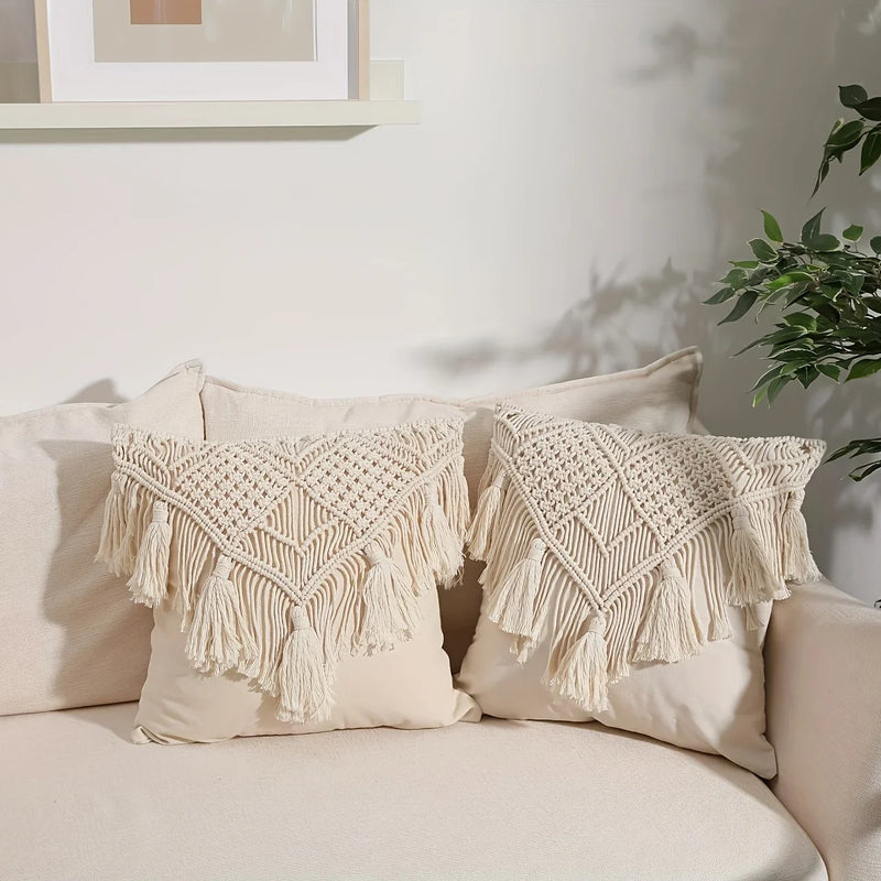 Bohemian Woven Tassel Throw Pillow Case, Axyaa Brand Decorative Cushion Cover, 18x18 in