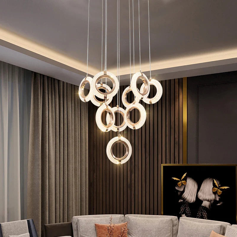 Axyaa Modern Duplex Staircase Chandelier - Nordic Ring Design for Living Room, Dining, and Kitchen