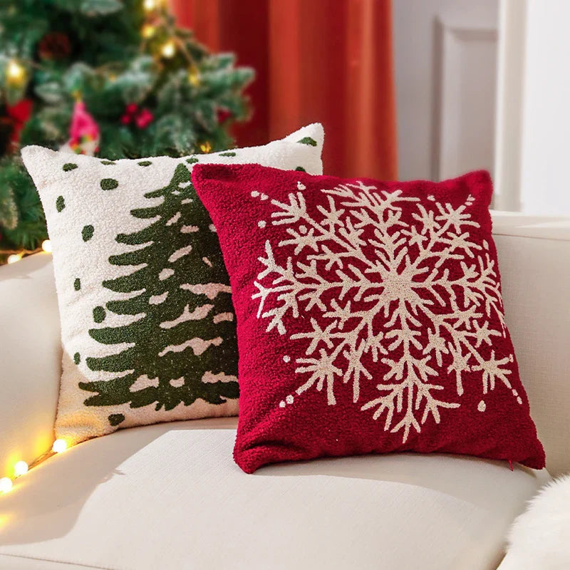 Axyaa Christmas Tree Snowflake Cushion Cover in Green and Red, Embroidered 45x45cm Square Pillowcase