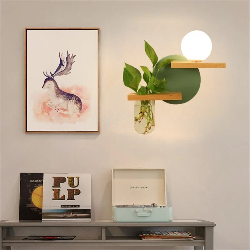 Nordic Green Plant Pot Wooden Lamp by Axya: Modern LED Wall Light for Home Decor