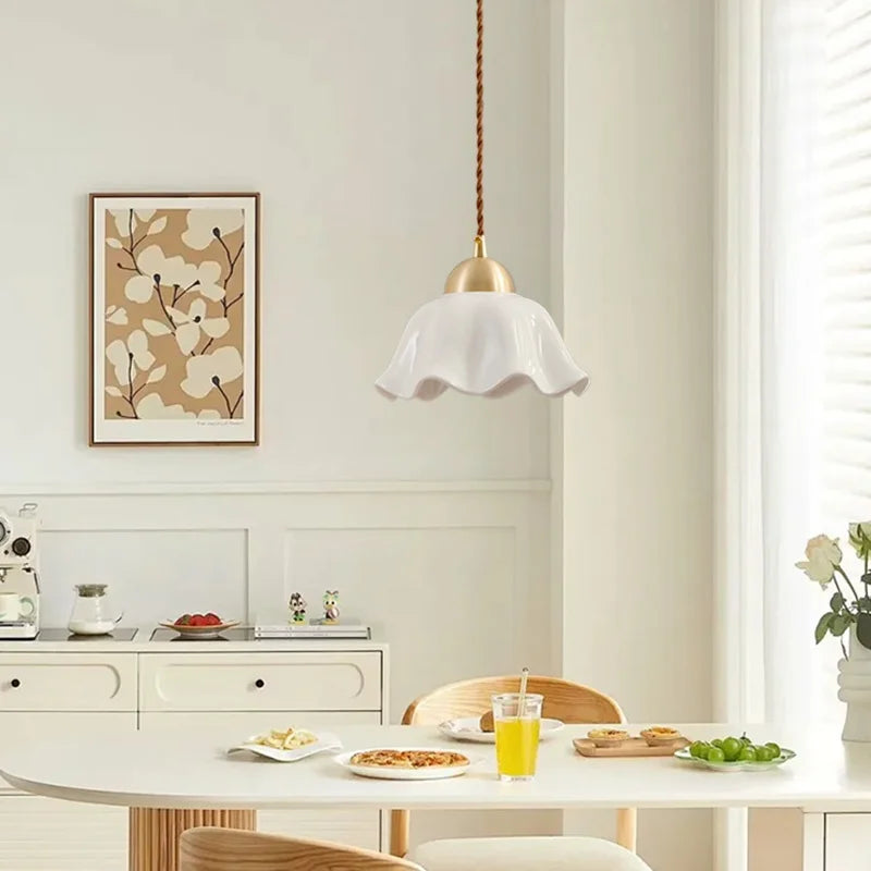 Axyaa White Ceramic Brass LED Pendant Light Modern Nordic Hanging Lamp