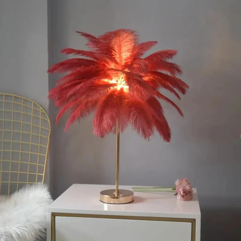 Axyaa Nordic Feather Table Lamp White Pink Ostrich Romantic Bedside Wedding Home Decor