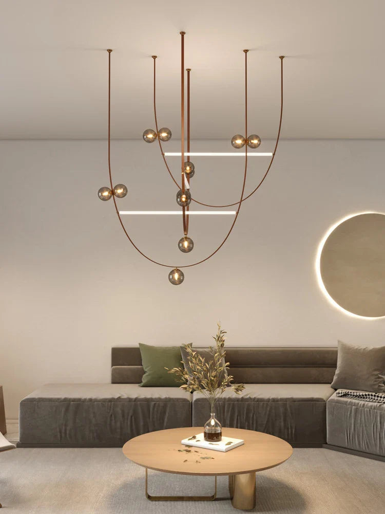 Axyaa Modern Italian Leather Pendant Lamps Minimalist Glass Ball Chandelier for Villas and Duplexes
