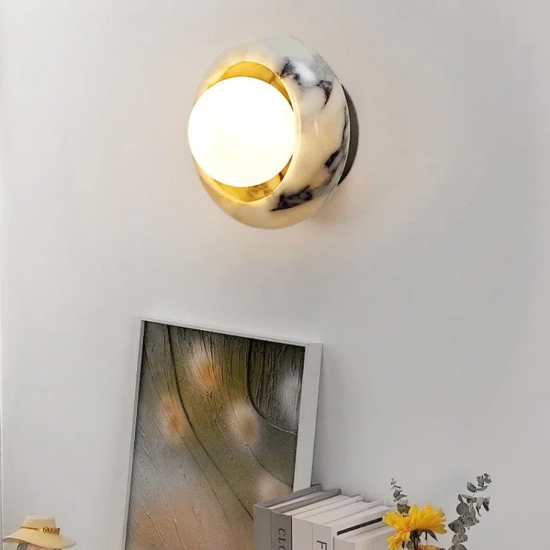 Axyaa Round Bulgari Stone LED Wall Lamp with Switch, White Glass Ball, Nordic Modern