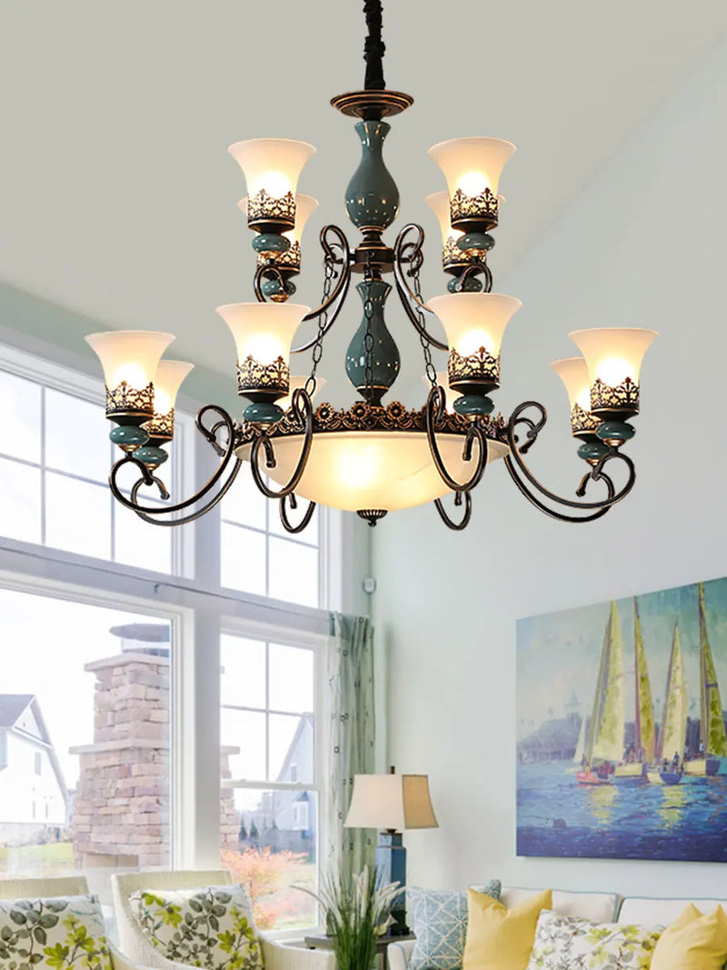 Axyaa Retro Ceramic Chandelier with Glass Lampshade for Home Décor