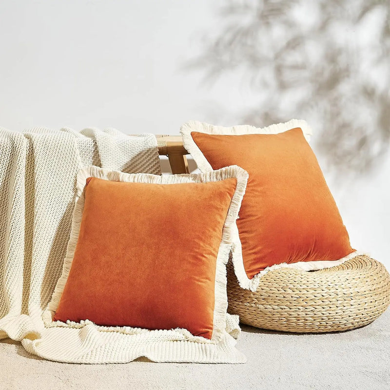 Axyaa Velvet Decorative Pillow Cover with Tassels - Orange/Ivory/Green - 18x18/20x20/24x24