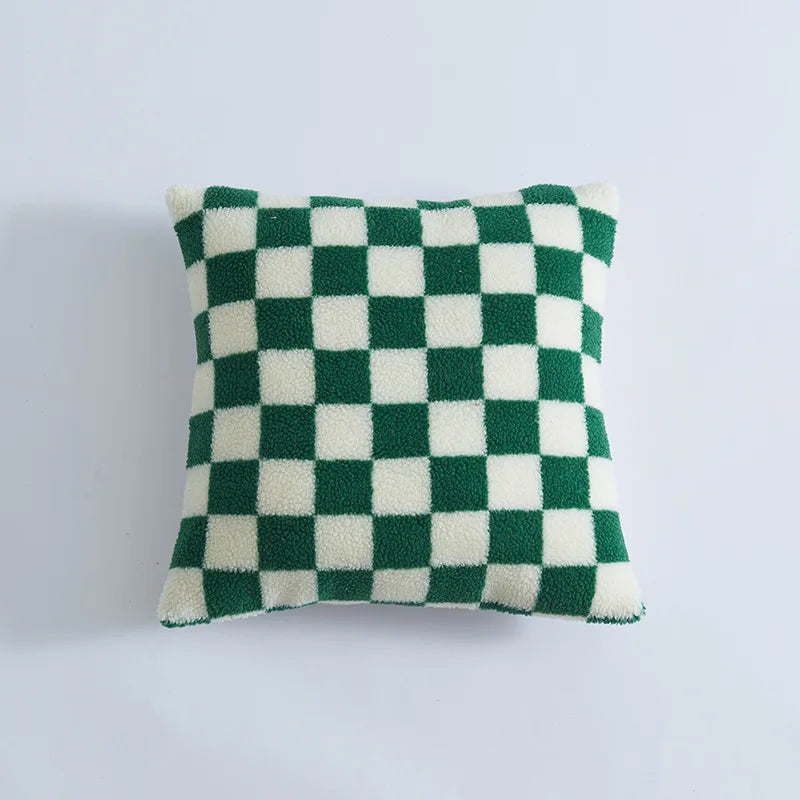 Axyaa Checkerboard Lamb Pillowcase in Black White Brown Green for Home Decor
