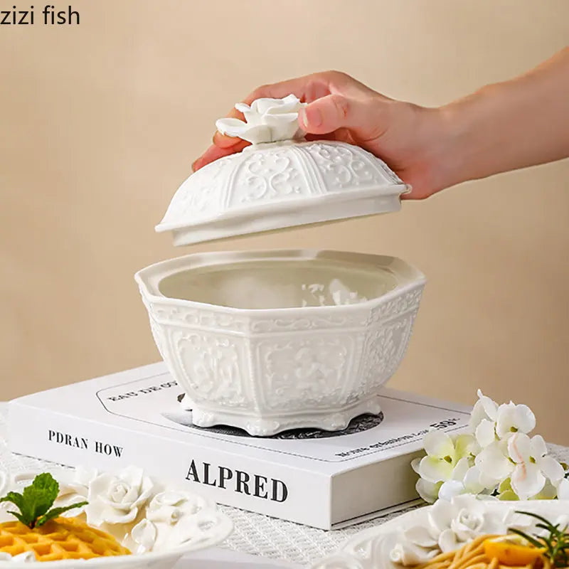 Axya Rose Relief Ceramic Tea Set with Milk Cup and Dinner Plate