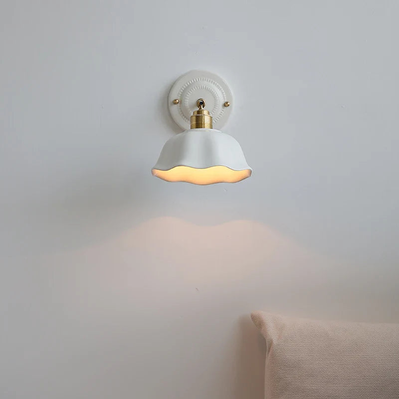 Axyaa White Ceramic LED Wall Sconce with Copper Arm for Modern Living Spaces