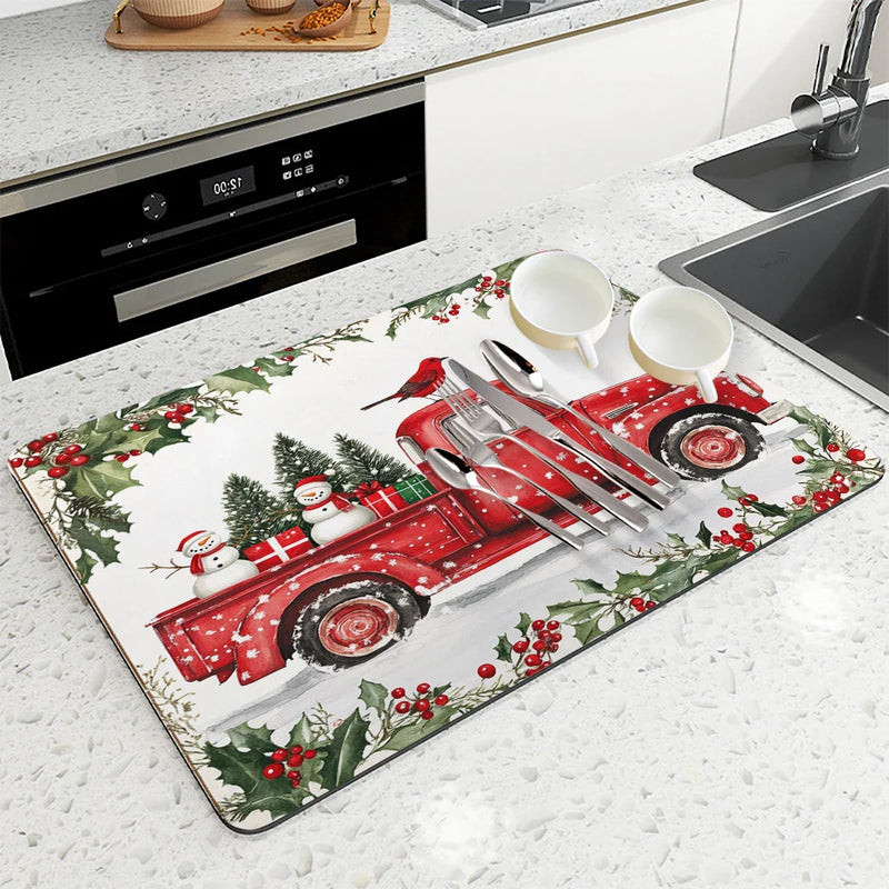 Axyaa Christmas Snow Kitchen Mat: Absorbent, Antiskid, Quick Dry, Draining, Tableware Mat