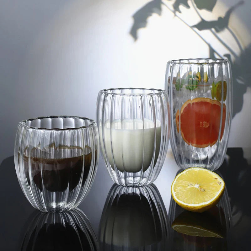 Axya Striped Double Wall Glass Mug for Coffee Tea Espresso Wine.