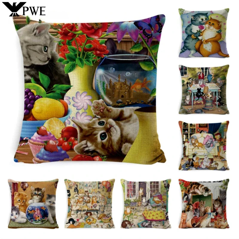 Cute Cat Pattern Linen Cushion Cover by Axyaa for Home Decor