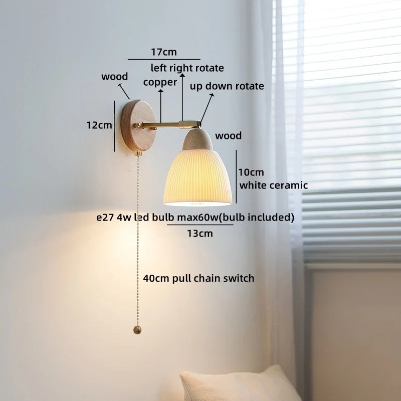 Axyaa White Ceramic LED Wall Sconce – Wooden Socket Stair Wall Light