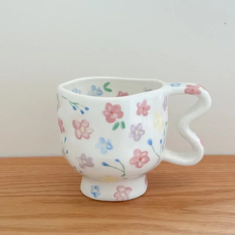 Hand-Painted Tulip Flower Pattern Ceramic Mug by Axyaa - High-Footed Cup