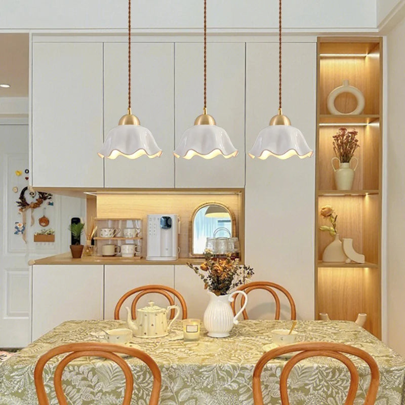 Axyaa White Ceramic Brass LED Pendant Light Modern Nordic Hanging Lamp