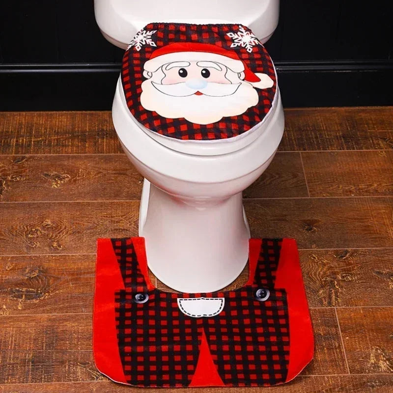 Axyaa Christmas Bathroom Set: Santa Claus Snowman Pattern Toilet Cover & Rug