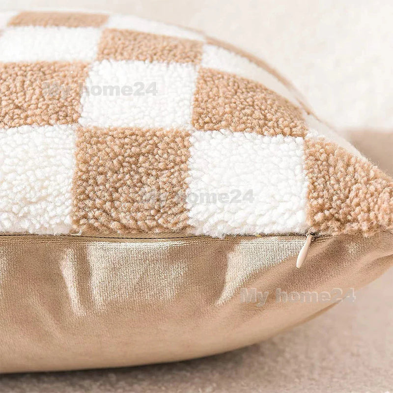 Axyaa Checkerboard Plaid Knit Plush Pillow Cover for Car Sofa, 45*45cm, 50*50cm