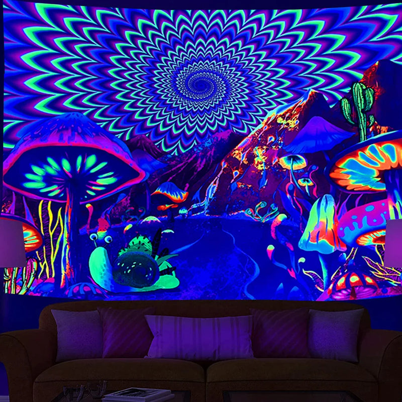Axyaa UV Mushroom Mandala Tapestry for Home & Bedroom - Psychedelic Aesthetic Room Decor