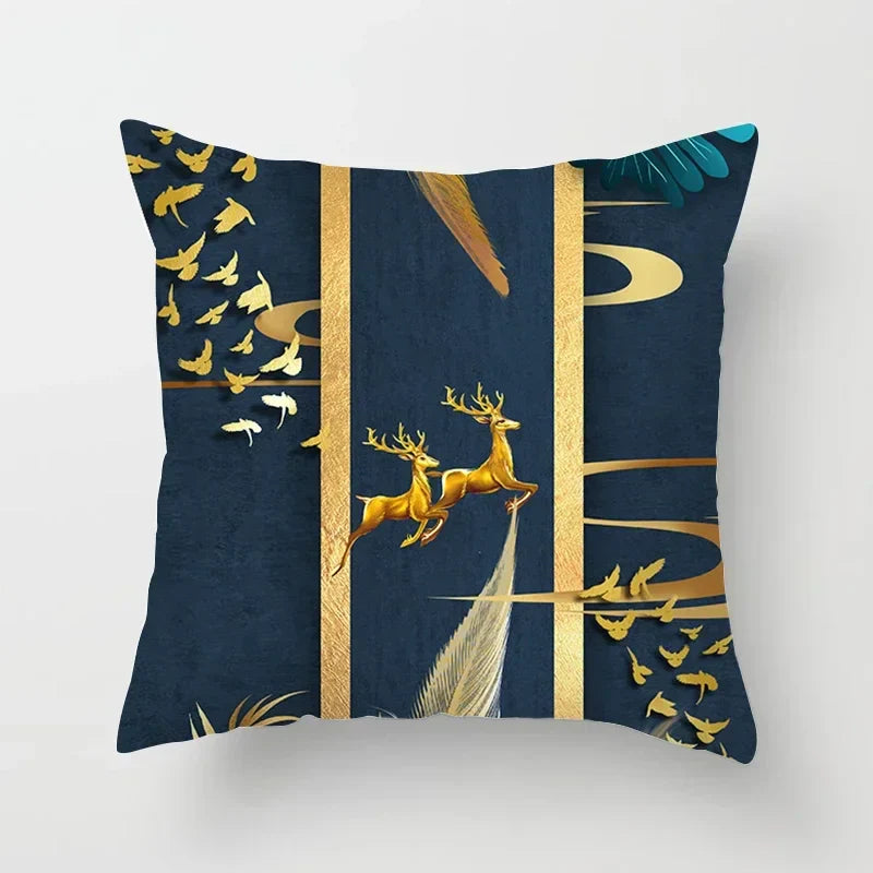 Axyaa Black Gold Elk Tree Bird Butterfly Printed Pillowcase for Living Room Home