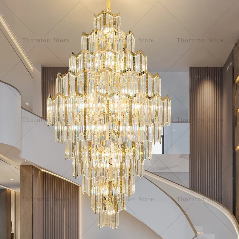 Axyaa Rotating Crystal Chandelier: Luxury Stair Light for Duplex Villas