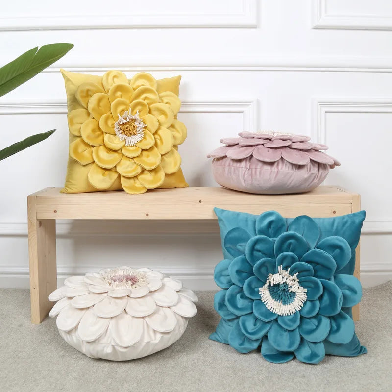 Axyaa Velvet Flower Cushion Cover in Yellow Blue White Pink, Handmade Luxury Pillowcase
