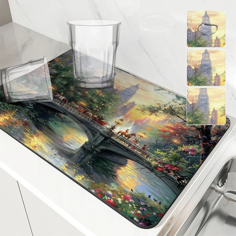 Axyaa Cityscape Absorbent Kitchen Mat - Antiskid & Quick Dry Dish Drying Pad
