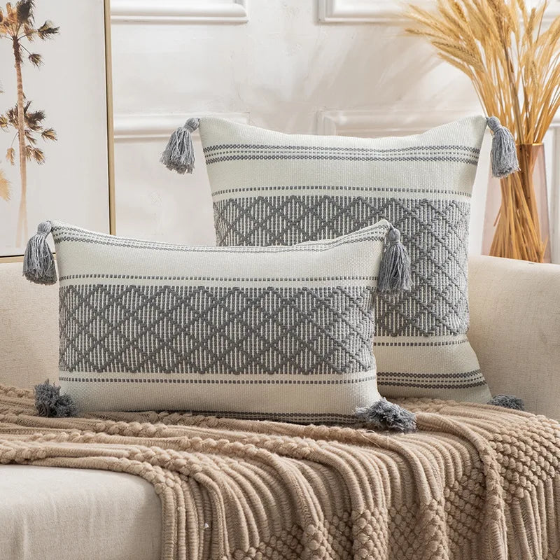 Axyaa Boho Diamond Jacquard Cushion Cover with Tassels for Home Decor