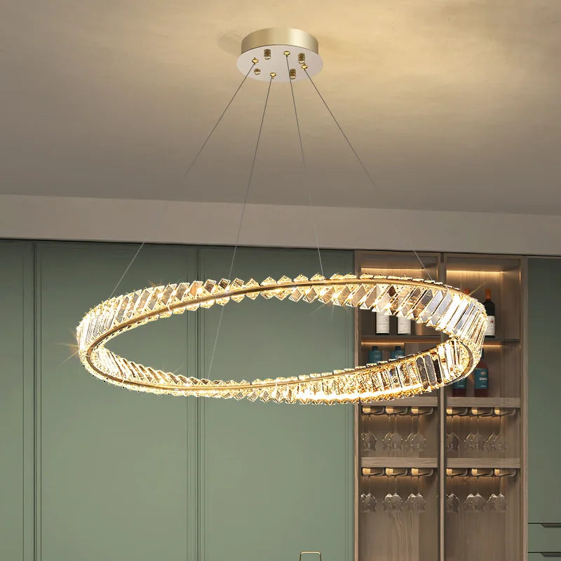 Luxury Gold Plated Steel Ring Pendant Light with Dimmable LEDs and K9 Crystals