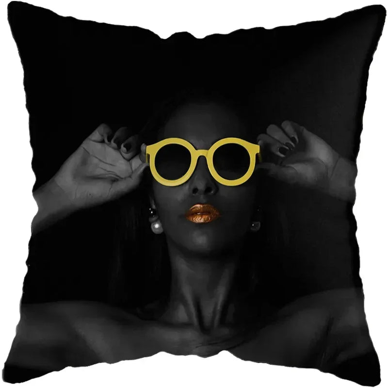 Axyaa Black Gold African Lady Woman Art Deco Pillowcase