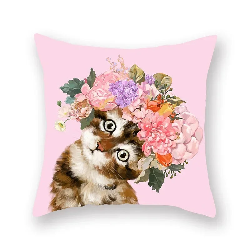 Floral Animal Painting Pillowcase Pink Cat Dog Llama Sofa Cushion Cover Home Decor