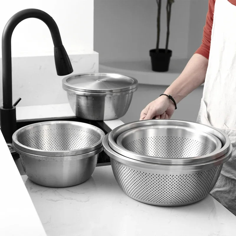 Axya Stainless Steel Drain Basket Vegetable Washing Basin and Filter Net